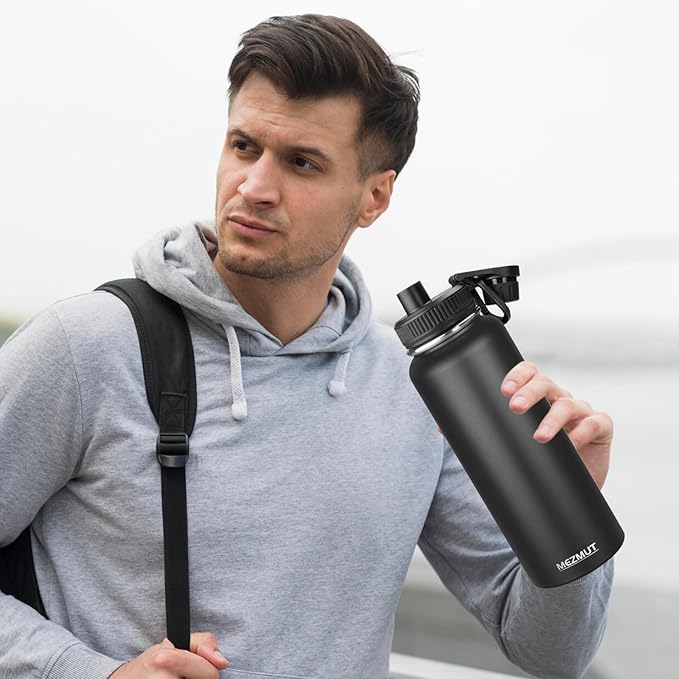 MEZMUT Insulated Water Bottle with Straw&2 Lids 40oz Stainless Steel Water Bottles Sports Metal Water Bottle Double Walled Vacuum Insulated Bottles Cups Leak-Proof Travel Cup (Black)