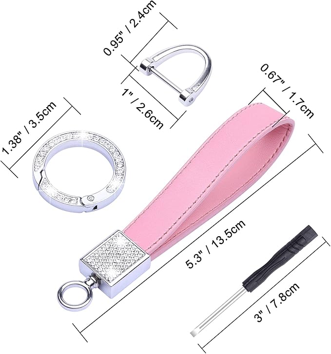Wisdompro Genuine Leather Car Keychain, Bling Key FOB Holder Leather Loop Keychains for Women Girls with Crystal Rhinestones and 2 Keyrings - Pink