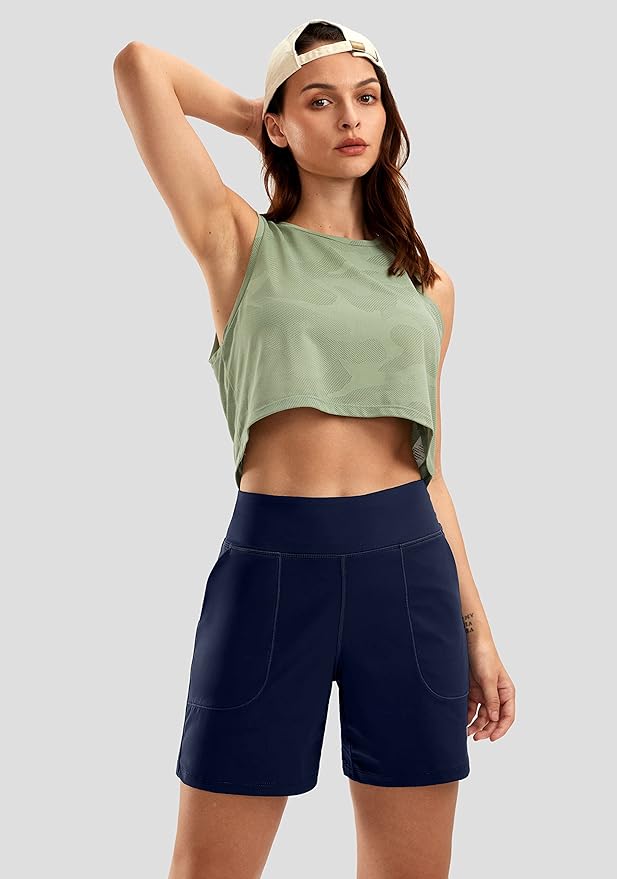 SANTINY Women's 6'' Athletic Long Shorts with 4 Pockets High Waisted Bermuda Shorts for Women Walking Running Casual