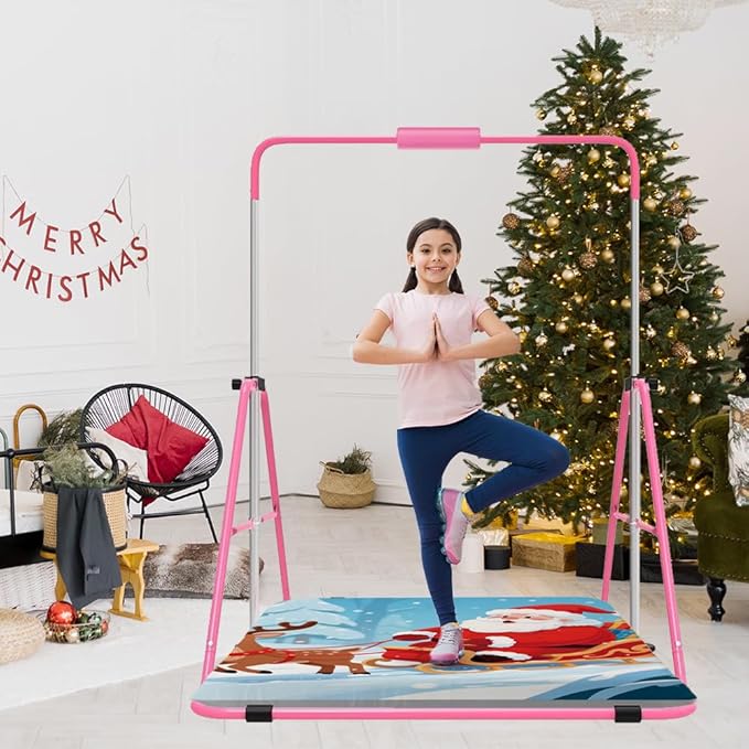 Gymnastics Bar with Self-Inflating Mat for Kids, Adjustable Height Gymnastic Horizontal Bars with Mat, Folding Gymnastic Training Monkey Bars, Junior Expandable Training Kip Bar for Home