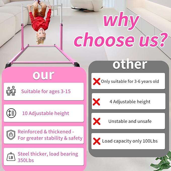 Safe Sturdy Gymnastics Bar for Kids Ages 3-18,Easy to Assemble and Release,3'-5' Adjustable Heigh,Anti-Slip,Steel Home Gym Training Bar for Junior Gymnasts,Gymnastic Equipment for Indoor Practice,All