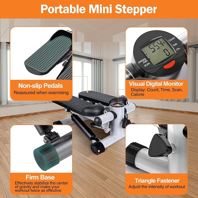 Mini Stair Stepper with Resistance Bands, Steel Frame, LCD Monitor, 330.7 lbs Capacity, Home Fitness Equipment for Full Body Workout, Weight Loss, Grey, 11x15x7.3 Inch