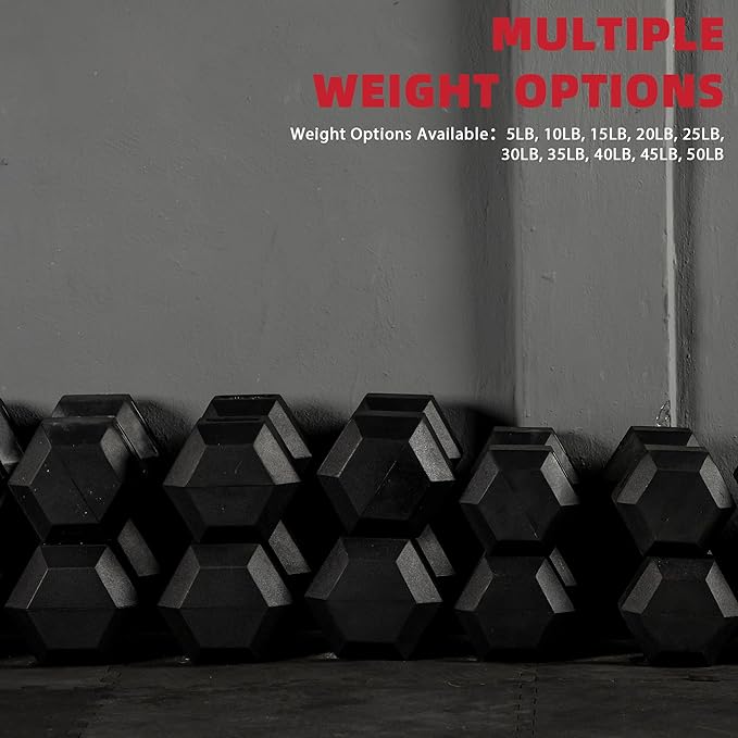 Rubber Encased Hex Weights Dumbbells Set of 5 – 50 lb Pair | Cast Iron Hand Weights with Anti-Slip Grip for Home Gym Strength Training