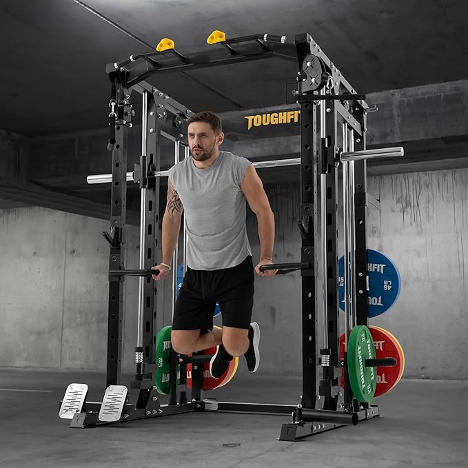 ToughFit F4 Smith Machine, Power cage with Adjustable Cable Crossover System, All-in-One Squat Rack Training Equipment for Home Gym