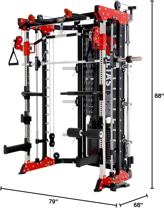 Altas Strength Smith Machine 3058G Home Gym Equipment with 1000 lbs Weight Capacity, 2000 lbs Cables for Versatile Workouts Squats Presses Pulling Lunges Deadlifts Easy Assembly Included Accessories