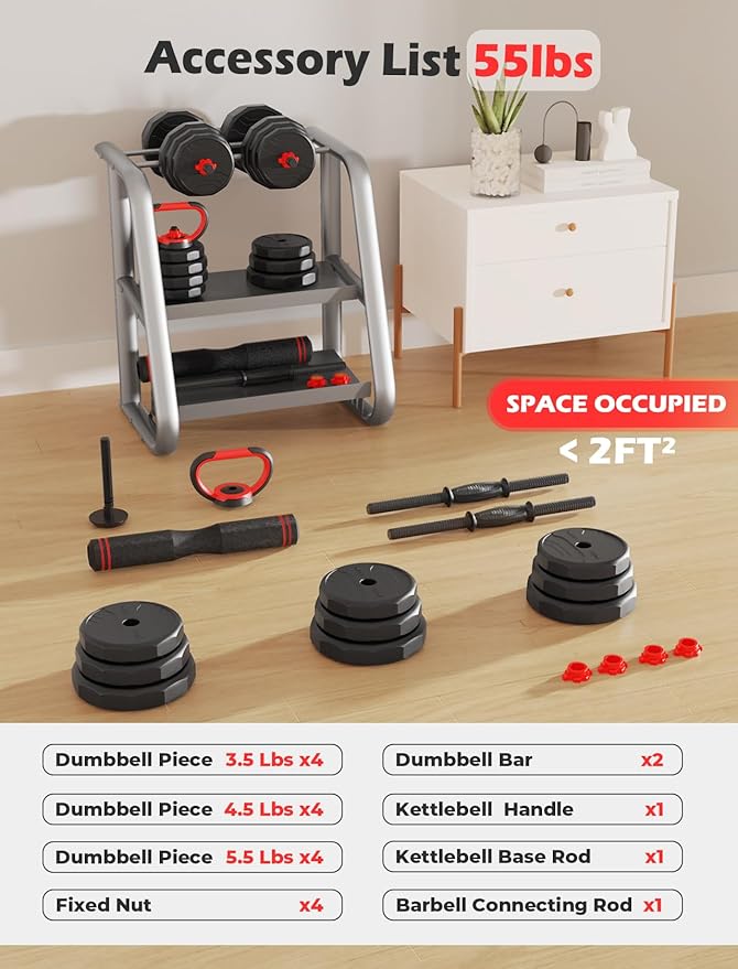 Adjustable dumbbell set,20/35/45/55/70/90lbs Free Weights set with upgraded nut, 5 in 1 Weight Set Used as Kettlebells, Barbell, Push up Stand, Fitness Exercise for Home Gym Suitable Men/Women