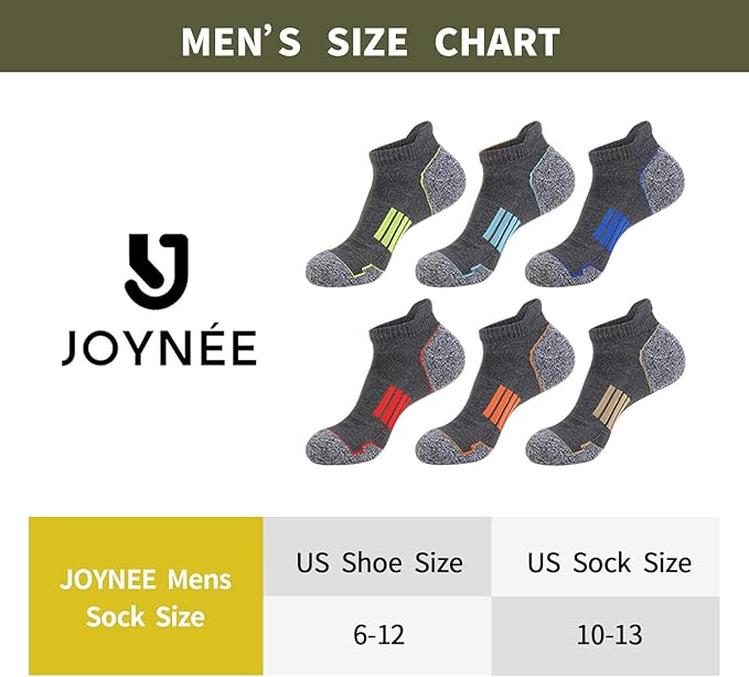 JOYNÉE Mens Ankle Athletic Low Cut Socks Running Sports Cushioned Sock for Men 6 Pack