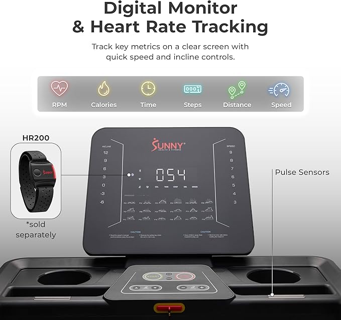 Sunny Health & Fitness Smart Heavy-Duty Auto Incline Treadmill with 20" Running Deck and Free SunnyFit App Connection