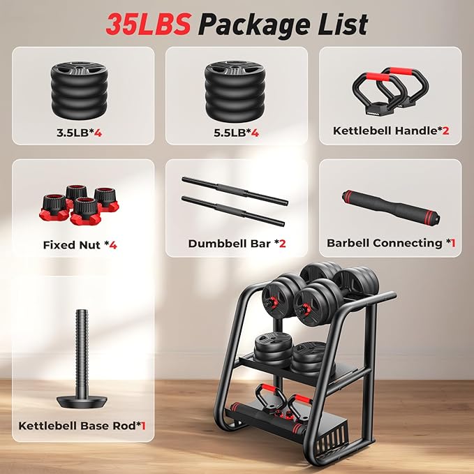 Adjustable dumbbell set,20/35/45/55/70/90lbs Free Weights set with upgraded nut, 5 in 1 Weight Set Used as Kettlebells, Barbell, Push up Stand, Fitness Exercise for Home Gym Suitable Men/Women