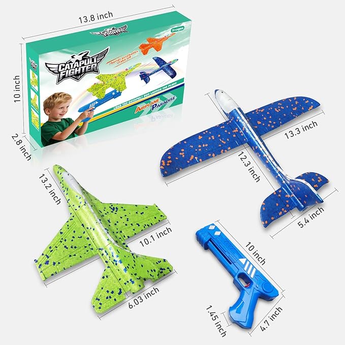 3 Pack Airplane Launcher Toys, 13.2 inch LED foam 2025 F-15 Eagle fighter jet & Glider Catapult Plane for Boys, Flying Toys Christmas Birthday gifts for Boys Girls 4 5 6 7 8 9 10 11 12 Year Old