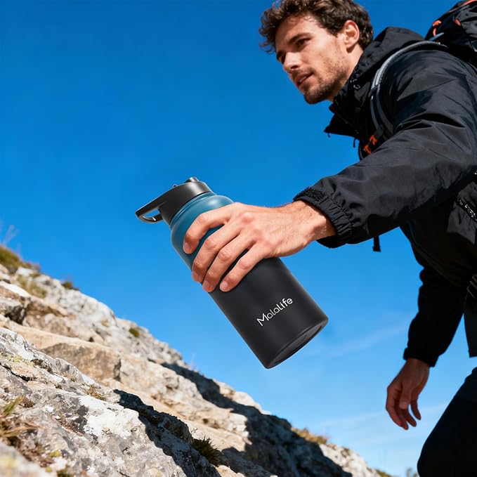 32oz Insulated Stainless Steel Water Bottle, Dual lids, Large Flask, Wide Mouth Sport Drink Bottle (Keep Cold 24H Hot 12H) with Straw, Leakproof Spout Lid (Deep Teal & Onyx)
