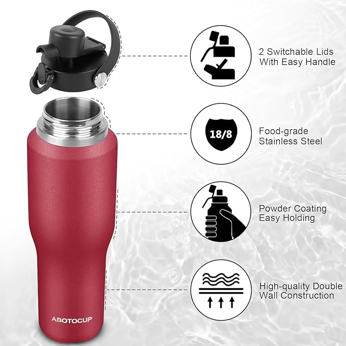 Insulated Water Bottle 40oz with Straw/Spout Lids, Stainless Steel Water Bottles Keep Cold 24h&Hot 12h, Metal Water Bottle with Straw that Fits in Cup Holder, Water Bottle Leak-proof,BPA Free,Red