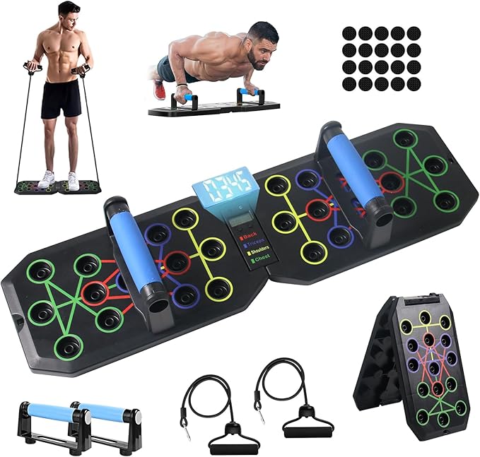 Push Up Board Fitness, 15 in 1 Multi-Functional Pushup Training Board with Handles, Foldable Floor Chest Muscle Exercise Fitness Equipment Burn Fat Push Up Board for Strength Training, Chest, Arms & Core