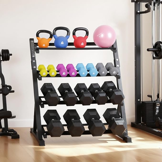 LIONSCOOL Adjustable Dumbbell Rack Stand, 4-Tier Heavy Duty Weight Storage Dumbbell Rack for Dumbbells & Kettlebells, Compact Space-Saving Organizer Stand for Home Gym, 1000+ LB Capacity
