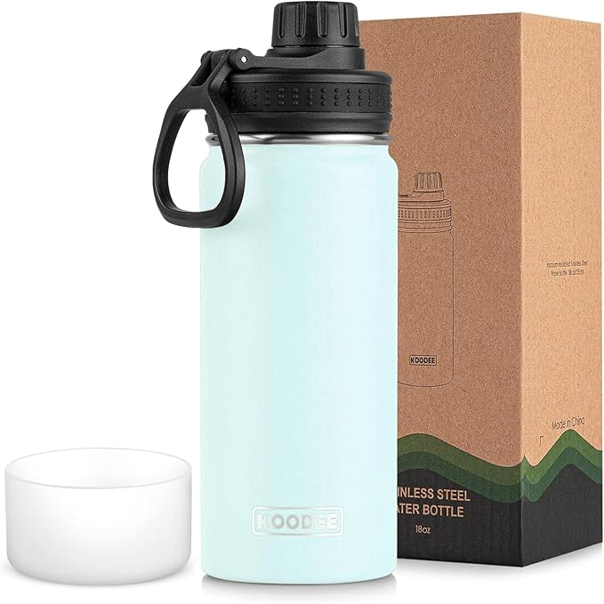 koodee Insulated Water Bottle, 18 oz Stainless Steel Double Wall Vacuum Wide Mouth Sport Bottle with Leakproof Spout Lid (Bby Blue)