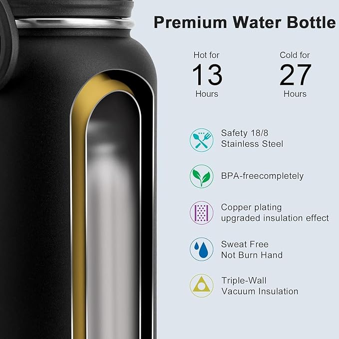 koodee 26 oz Insulated Water Bottle Stainless Steel Double Wall Vacuum Metal Sports Water Bottle with Leakproof Spout Lid, Wide Mouth Water Bottle (Black)