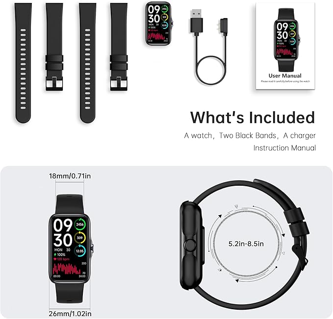 Health Fitness Tracker, Smart Watch with 24/7 Heart Rate and Blood Oxygen Monitor, Sleep Tracker with IP68 Waterproof, Activity Tracker Pedometer Step Counter for Women Men (Deep Black)