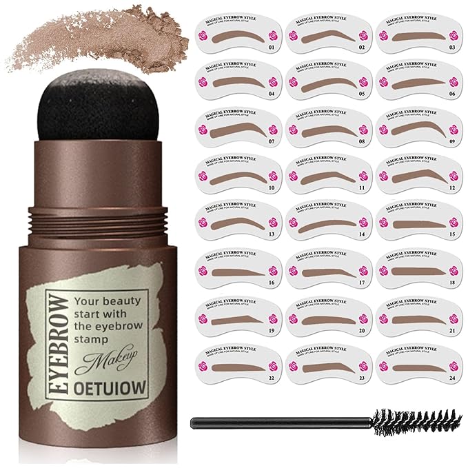 Eyebrow Stamp and Eyebrow Stencil Kit, Eye Brow Stencil Kit for Beginners 24 Reusable and Washable Eyebrow Shaping Kit, Brow Stencil and Stamp Kit Smudge-Proof & Long-Lasting (Light Brown)