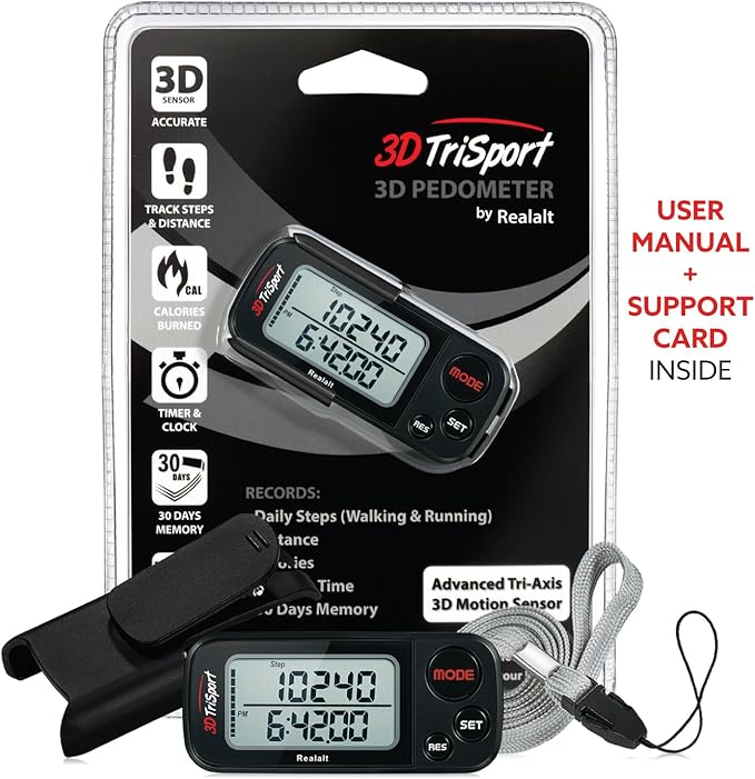 Realalt 3DTriSport Walking 3D Pedometer with Clip & Strap, eBook Included 30 Days Memory Accurate Step Counter, Walking Distance Miles/Km, Calorie Counter, Daily Exercise Time Monitor