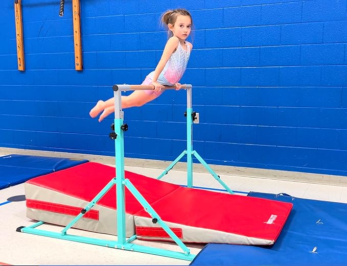 PreGymnastic Foldable Gymnastics Bar, 5.6FT Folding Horizontal Bars for Kids Ages 3-12, Weight Limit 350 LBS, Adjustable kip Bar, Children Home Gym Equipment Indoor