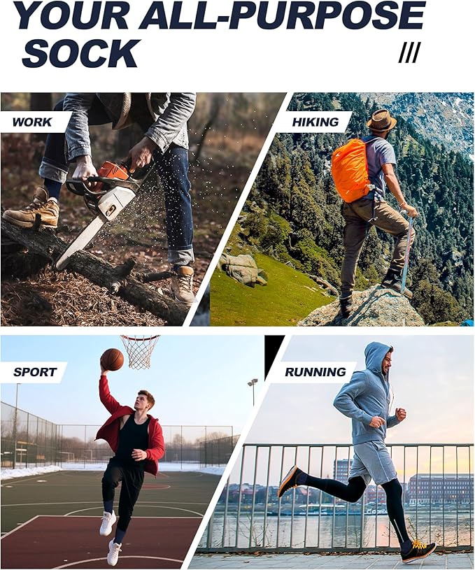 Mens Cotton Boot Crew Socks, 5 Pairs Full Cushion Socks Moisture-Wicking & Reinforced for Work Hiking Walking Outdoor