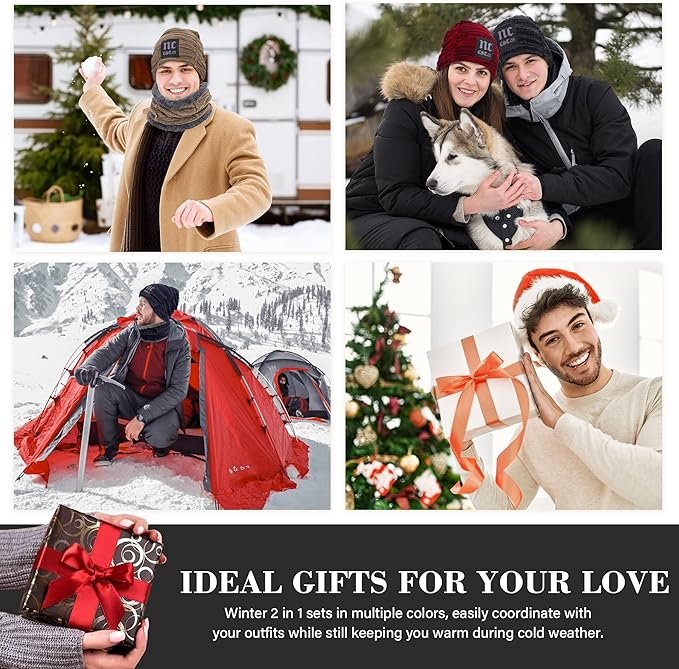 FZ FANTASTIC ZONE Mens Womens Winter Beanie Hat Scarf Set Warm Knit Thick Fleece Lined Skull Cap Neck Warmer for Men Women