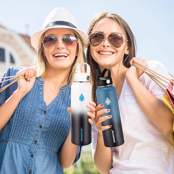 SENDESTAR Stainless Steel Wide Mouth Water Bottle 32oz Double Wall Vacuum Insulated Leak Proof Bottle with New Flex Straw Lid & Spout Lid XIN-MC-1000-1