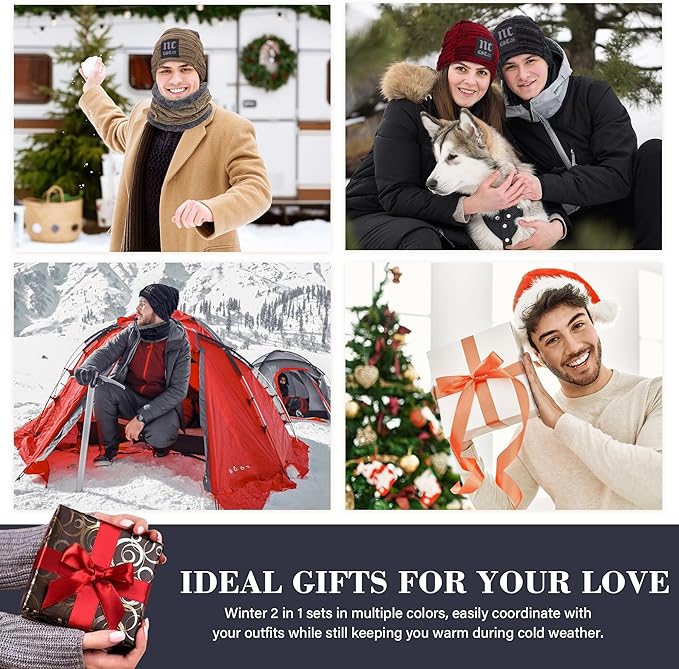 FZ FANTASTIC ZONE Mens Womens Winter Beanie Hat Scarf Set Warm Knit Thick Fleece Lined Skull Cap Neck Warmer for Men Women