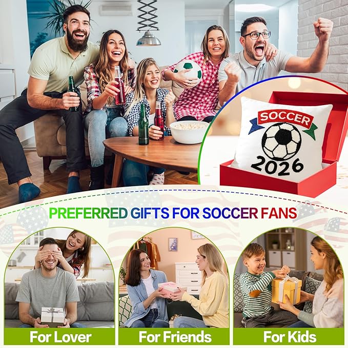 18x18 Inches Decorative Pillow Covers 1pc for World Soccer 2026 Fans, Soccer Ball Embroidered Throw Pillows Cases for Couch Bed Room, Game Day Home Decor Pillows Covers Gifts for Women Men