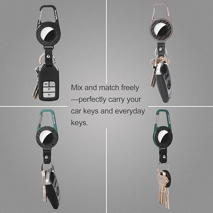 AirTag Holder Keychain - Premium Leather & Carbon Fiber Case with Secure Locking Carabiner | Compatible with Apple AirTag for Keys, Luggage, Backpacks, Bags (Black)