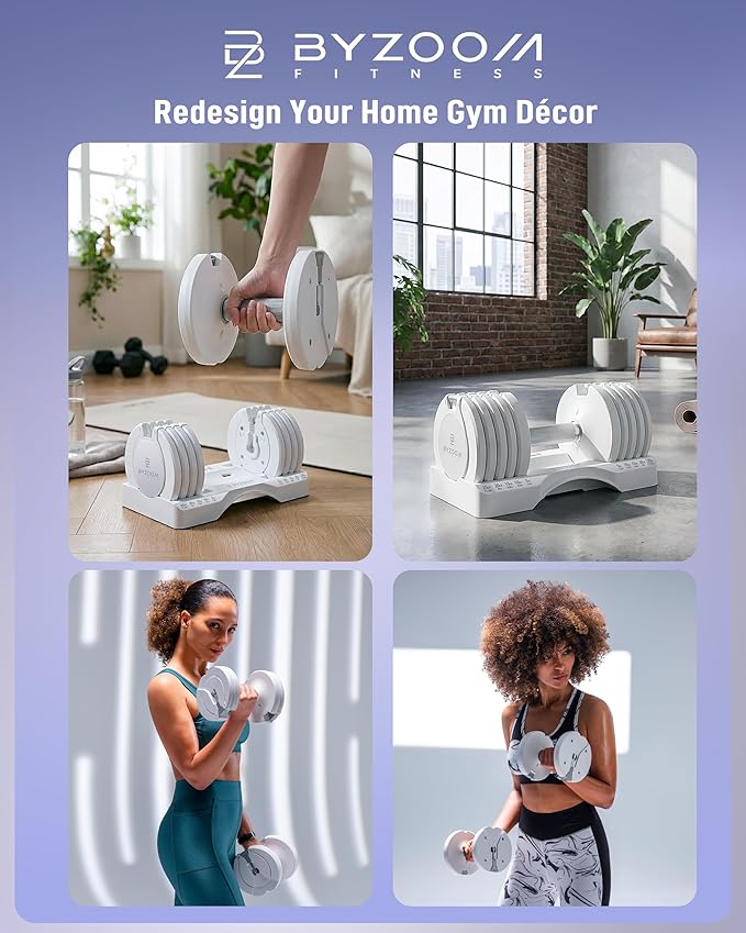 BYZOOM FITNESS Adjustable Dumbbell – 12.5/25lb Single Unit OR Set of 2 – 5-in-1 Adjustable Weight for Home Gym, Strength Training & Fitness Workouts, White OR Black