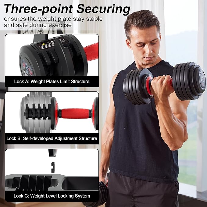 25/55LB Adjustable Dumbbell Set,10 in 1 Free Weights Dumbbell with Anti-Slip Texture Handle,1 Sec Speed Adjustment Men/Women Gym and Home Strength Training Equipment.