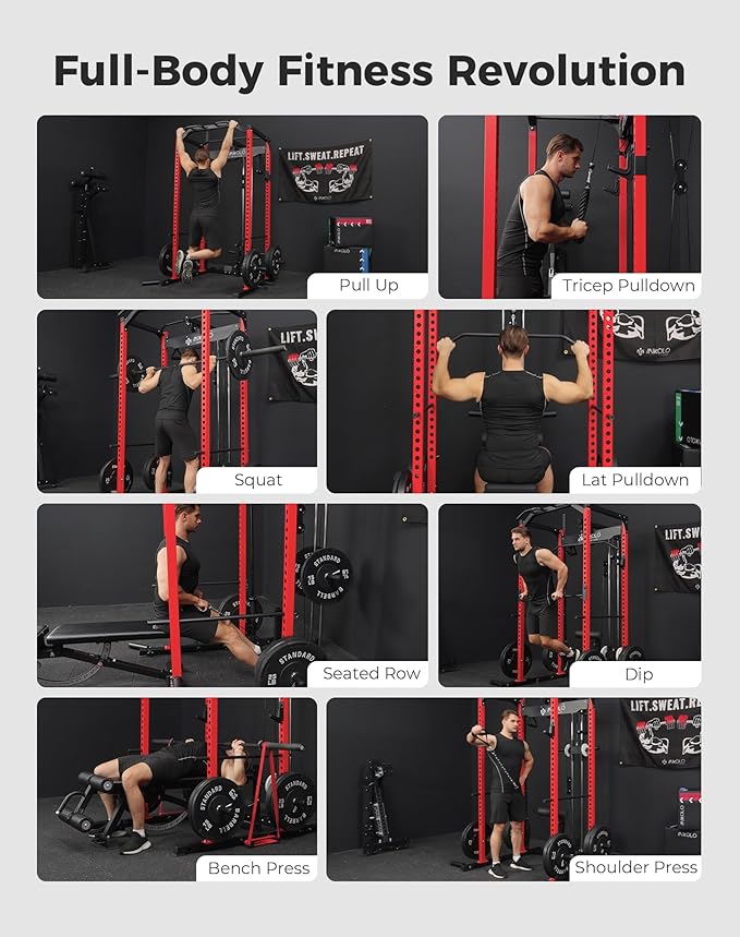 Mikolo Power Cage, Power Rack with LAT Pulldown, 1200 Pounds Capacity Workout Cage with More Training Attachments, Squat Rack for Home Gym, F4 Versions