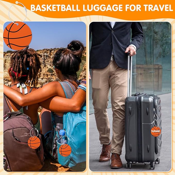 12 Pcs Basketball Luggage Tags for Travel Suitcases Labels with Metal Ring 2.75in Basketball Keychain PVC Name Id and DIY Pocket Hug Card Backpack Charm for Men Women Travel Bag Suitcase