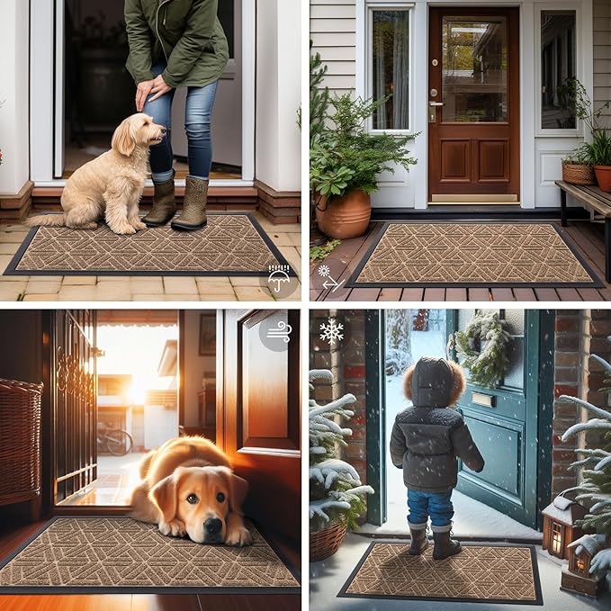 Smiry Front Door Mat Outside Entrance, Heavy Duty Sturdy Natural Rubber Doormat, Trap Dirt and Moisture, Easy Clean Low Profile Mats for Indoor Outdoor Entry, Grid Geometric (36x24, Coffee)