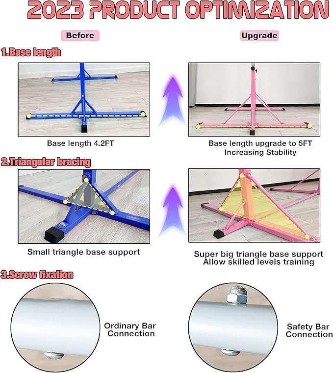 Gymnastics Bar for Kids Ages 3-15, 35" to 60" Adjustable Height, 4FT Wide Base - Professional Kip Bar with 360° Stability & Fiberglass Crossbar, Easy Fold&Solid Design for Home Training