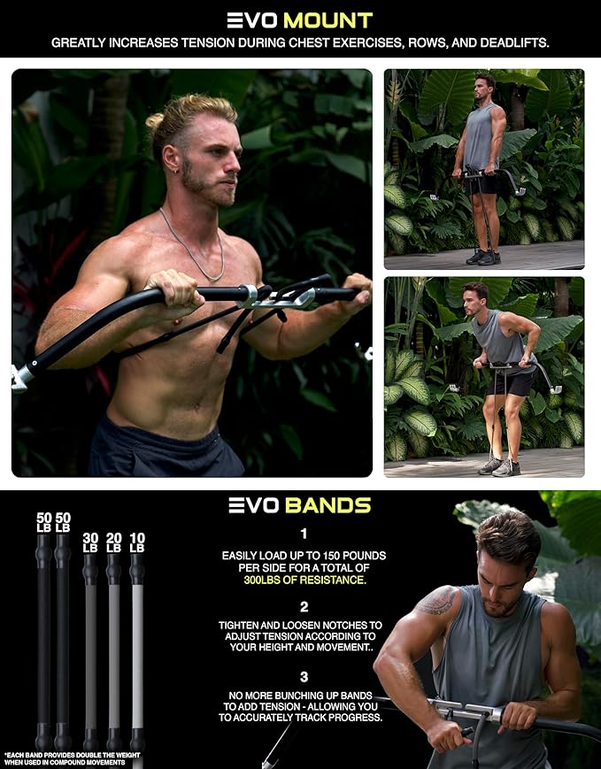 EVO Bow - All in One Portable Home Gym System with Ultra Weighted Push Up Board | Compact Strength Training and Exercise Equipment for Travel, Notched Resistance Bands for Full Body Training | 300lbs