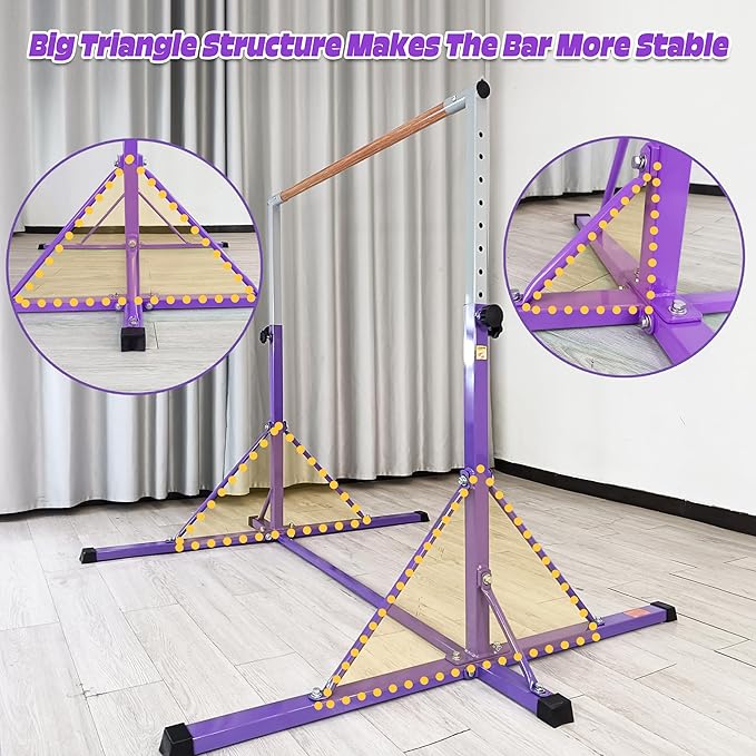 Gymnastics Bar for Kids Ages 3-15, 35" to 60" Adjustable Height, 4FT Wide Base - Professional Kip Bar with 360° Stability & Fiberglass Crossbar, Easy Fold&Solid Design for Home Training