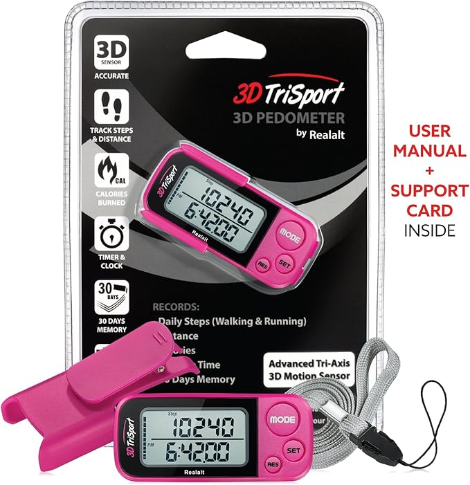 Realalt 3DTriSport Walking 3D Pedometer with Clip & Strap, eBook Included 30 Days Memory Accurate Step Counter, Walking Distance Miles/Km, Calorie Counter, Daily Exercise Time Monitor