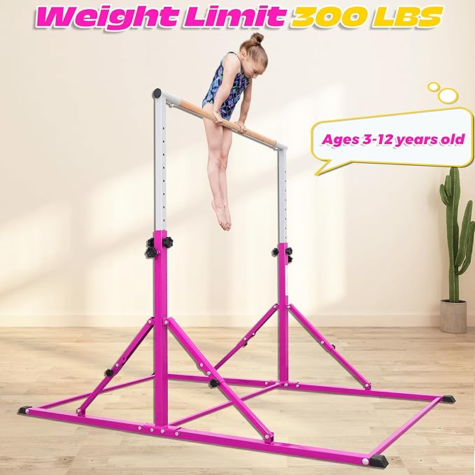 PreGymnastic Foldable Gymnastics Bar, 5.6FT Folding Horizontal Bars for Kids Ages 3-12, Weight Limit 350 LBS, Adjustable kip Bar, Children Home Gym Equipment Indoor
