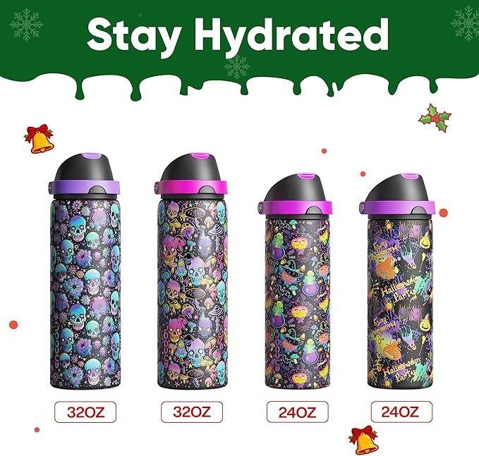 ENCOOL Insulated Water Bottle with Straw Stainless Steel Water Bottle with Push Button Lid, Leak-Proof & BPA-Free, Keeps Cold for 24 Hours for Sports, Travel, Gym (32 oz, Meowgic Night)