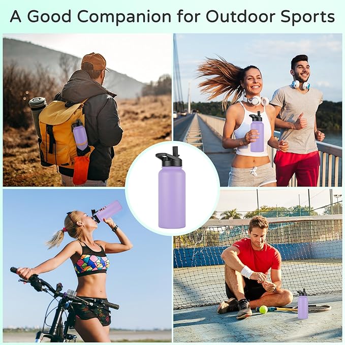 DOMICARE 32 oz Insulated Water Bottle Bulk, Vacuum Insulated Stainless Steel Sports Water Bottle with Straw Lid & Spout Lid, Leakproof, Reusable - Travel, Camping, Bike, Purple (8 Pack)