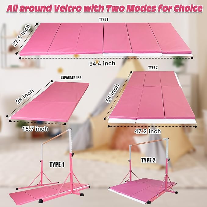 Gymnastics Bar for Kids Ages 3-15, 35" to 60" Adjustable Height, 4FT Wide Base - Professional Kip Bar with 360° Stability & Fiberglass Crossbar, Easy Fold&Solid Design for Home Training