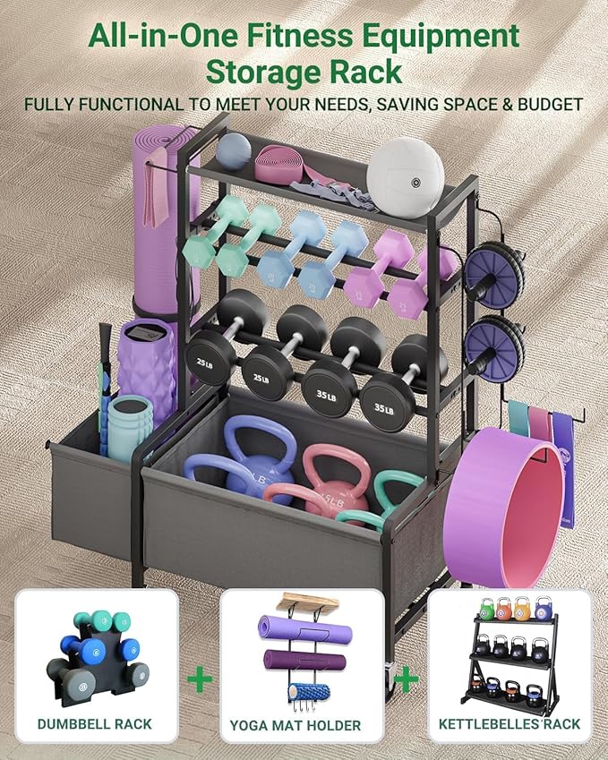 Adjustable Dumbbell Rack, 4-Tier Movable Weight Rack Stand for Home Gym Up To 405lb with Lockable Caster & Hooks, Home Gym Equipment Storage for Dumbbell Kettlebell Yoga Mat Ball