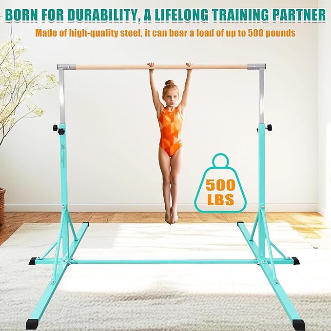 Gymnastics Bar, 5'10” Base length 45" to 71" Adjustable Horizontal Bar for Serious Training, 500 LBS Capacity, Professional Home Gym Equipment with Competition-Grade Beech-covered Fiberglass Bar