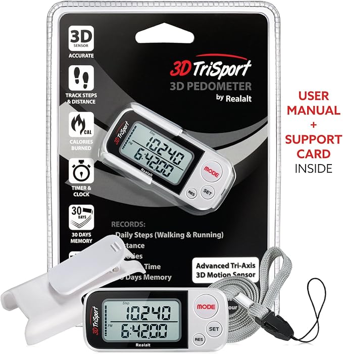 Realalt 3DTriSport Walking 3D Pedometer with Clip & Strap, eBook Included 30 Days Memory Accurate Step Counter, Walking Distance Miles/Km, Calorie Counter, Daily Exercise Time Monitor