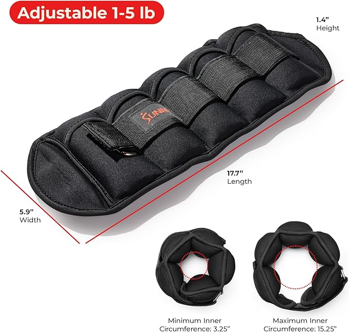 Sunny Health & Fitness Ankle Weights for Women, Men & Kids – Adjustable 1–5 lb Pair | Wrist, Arm & Leg Weights for Walking, Pilates, Yoga & Cardio