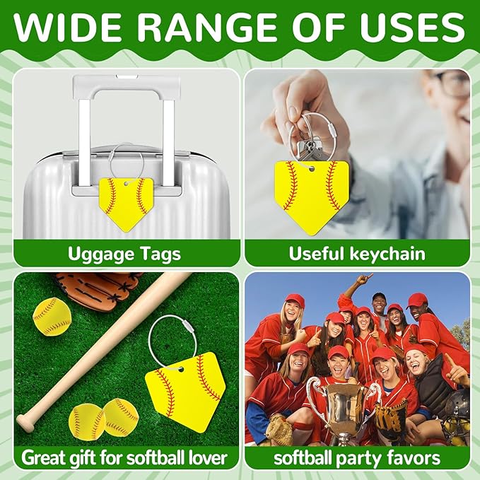 12 Pcs Softball Home Plate Luggage Tags for Softball Travel Suitcase Labels with Metal Ring 2.75in Softball-Related Keychain PVC Name Id Card and DIY Pocket Hug Card for Men Women Travel Bag Suitcase