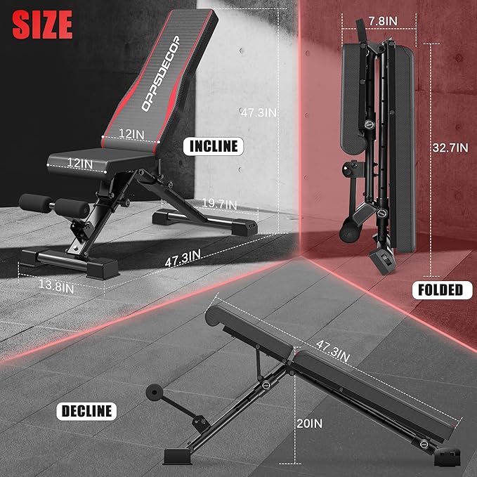 OPPSDECOR Adjustable Weight Bench, Easy Assembly Fast Folding Workout Bench, Space Saving Weight Benches Incline Decline Flat Utility Bench Press Bench for Home Gym Strength Training
