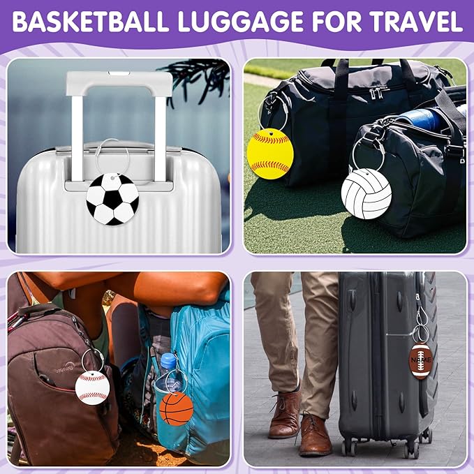 6Pcs Sports (baseball softball football volleyball basketball) Luggage Tags Set for Travel Suitcases Labels with Metal Ring 2.75in Keychain PVC Name Id and DIY Pocket Hug Card for Men Women Travel Bag